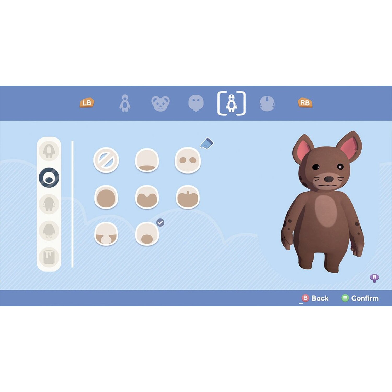 Een bruin cartoonmuis-personage bevindt zich in een game-interface. Opties voor het aanpassen van het gezicht zijn zichtbaar.