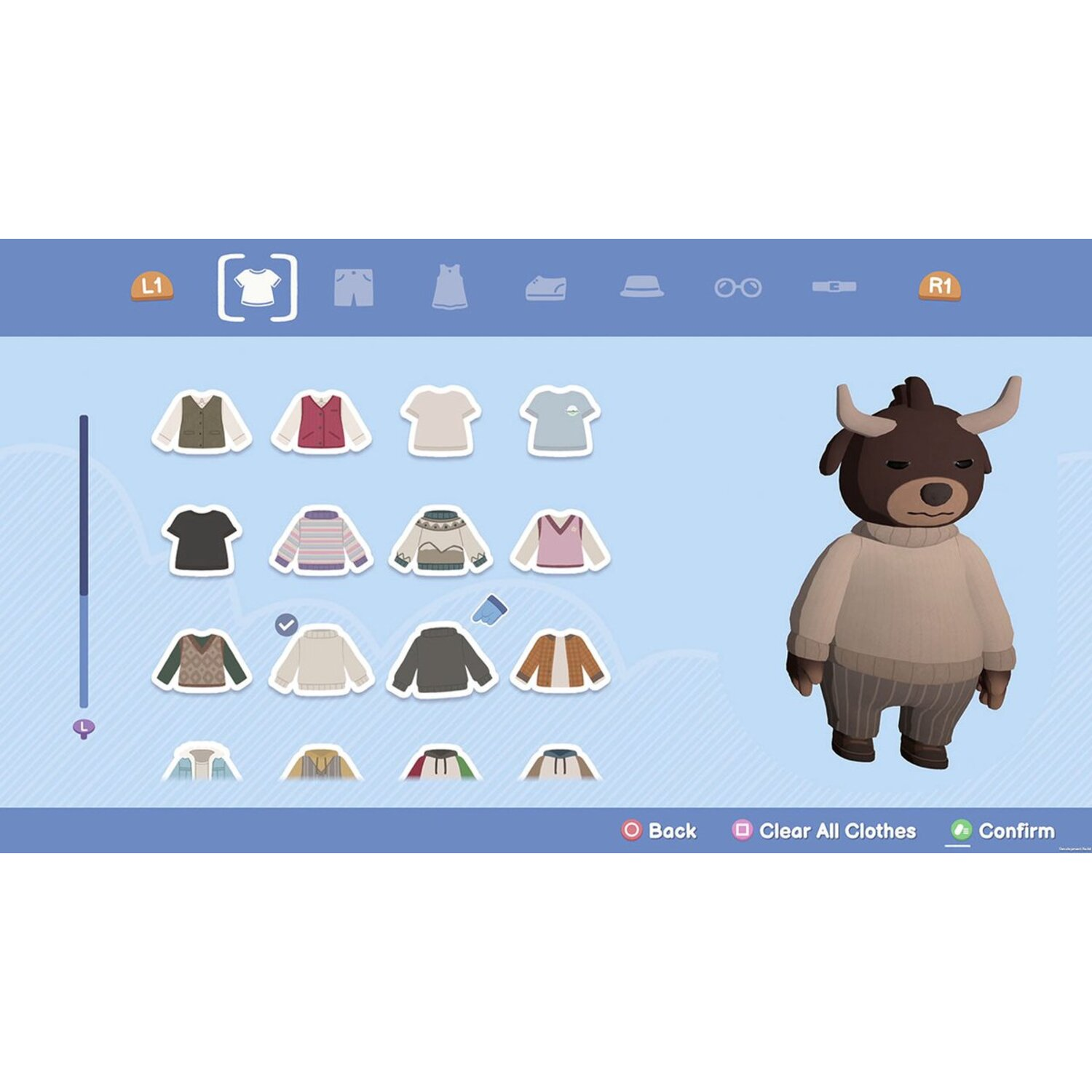 Een yak-achtig personage in een game-interface wordt getoond. Kledingopties zijn beschikbaar om te selecteren voor het personage.