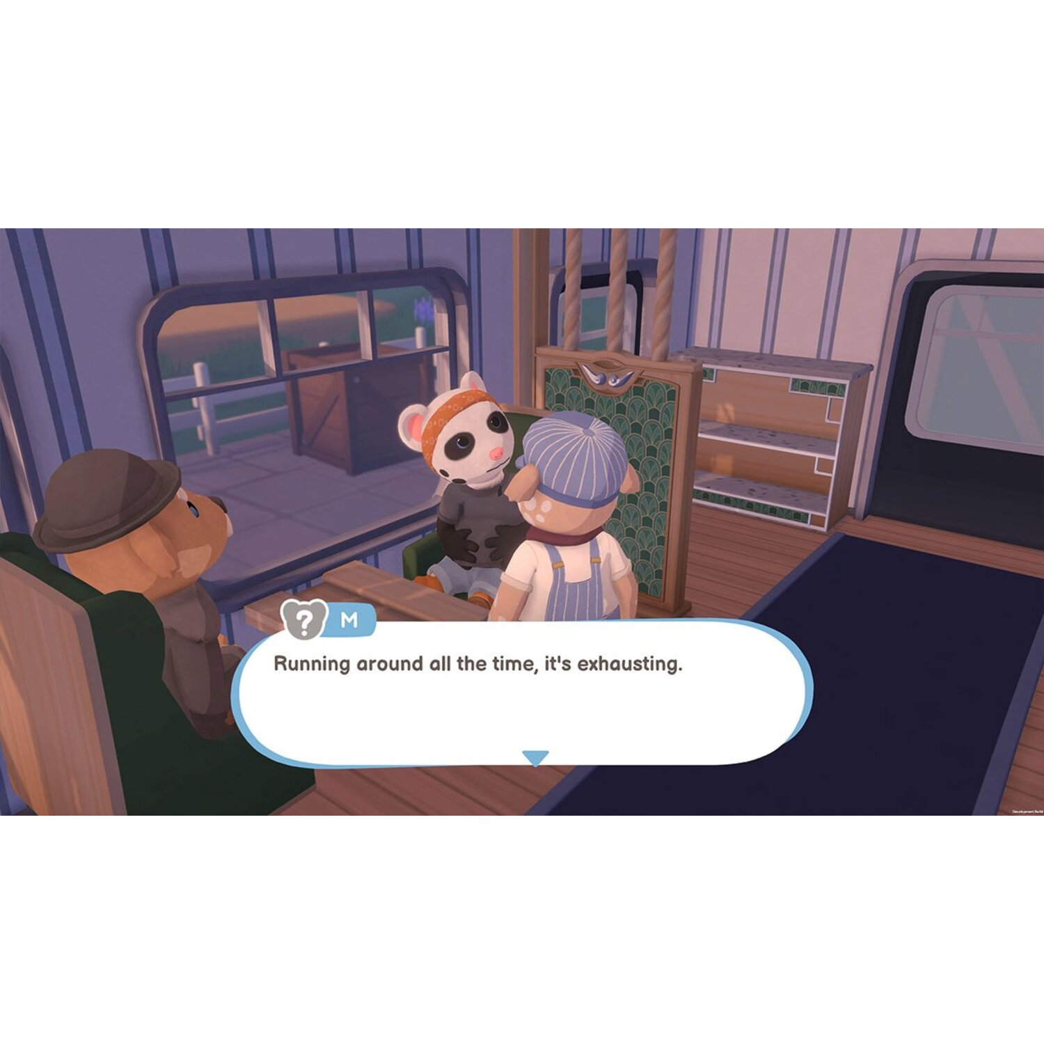 Twee personages discussiëren in een kamer. Een tekstballon is zichtbaar met tekst. Er is een raam op de achtergrond.