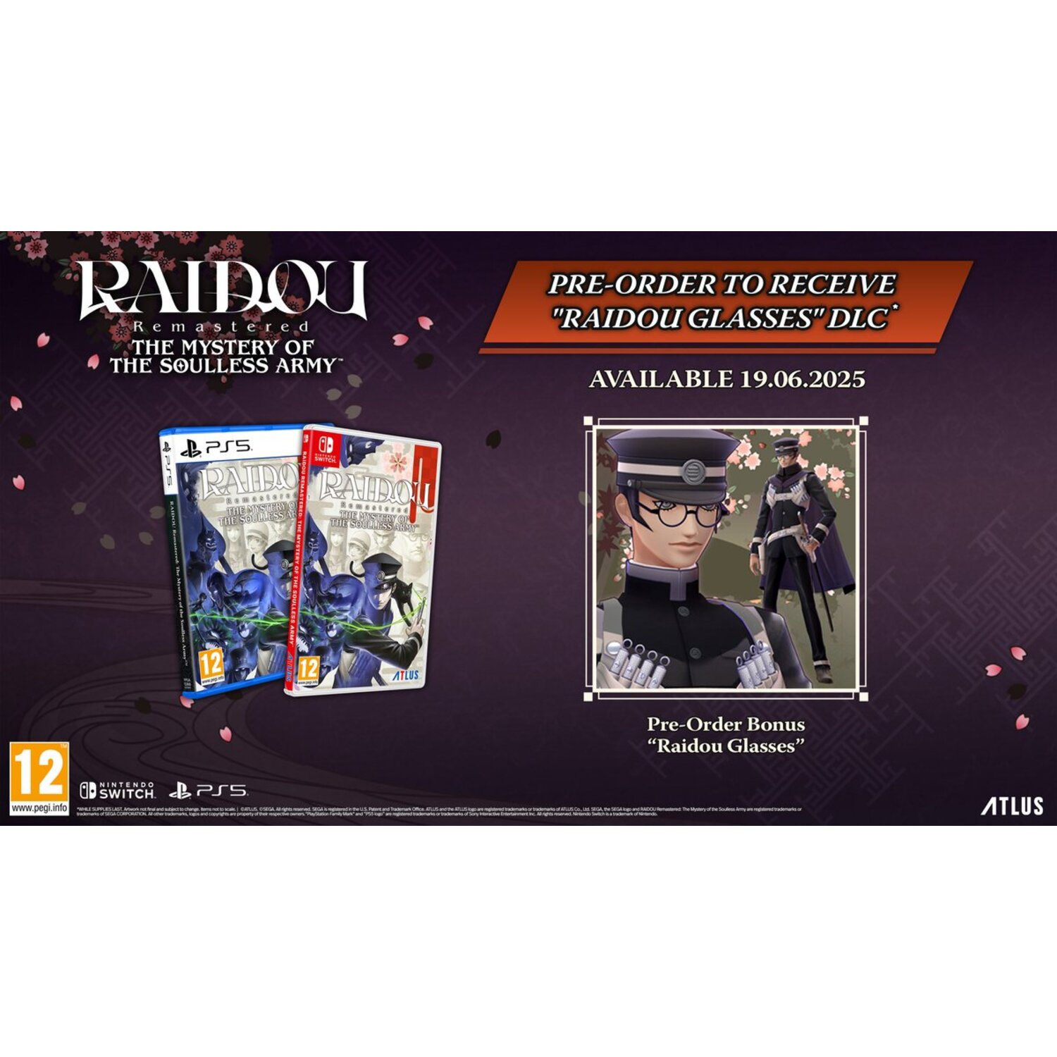 Visuel de la boîte de jeu pour Nintendo Switch et PlayStation 5 pour 'RAIDOU Remastered'. Il y a une offre pour des lunettes DLC.