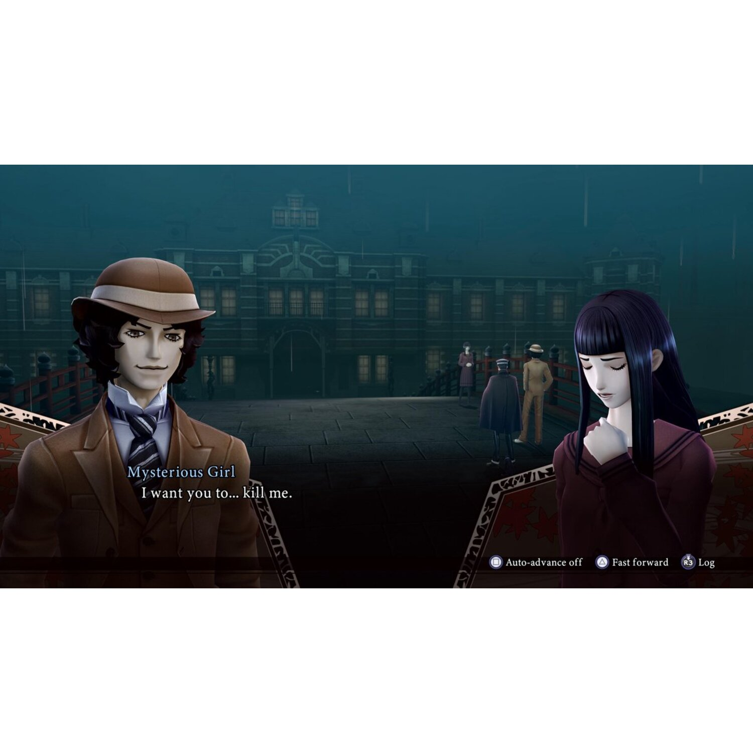 Une scène du jeu avec deux personnages dans une pièce, le dialogue est affiché à l'écran.