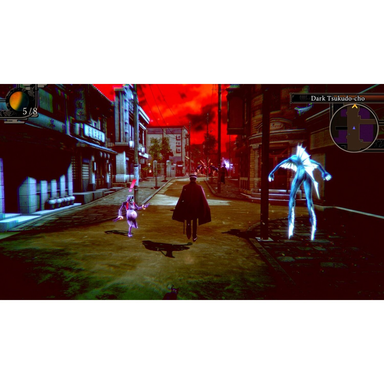 Une scène de jeu avec un personnage dans une rue sombre combattant des monstres. Le ciel est rouge.