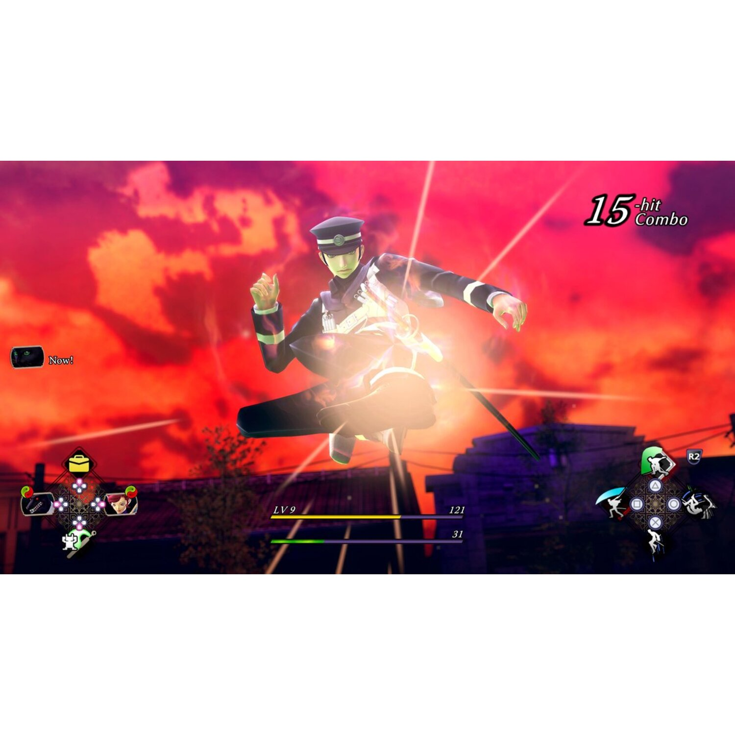 Un personnage d'un jeu effectue une attaque. L'arrière-plan est un ciel rouge ardent.