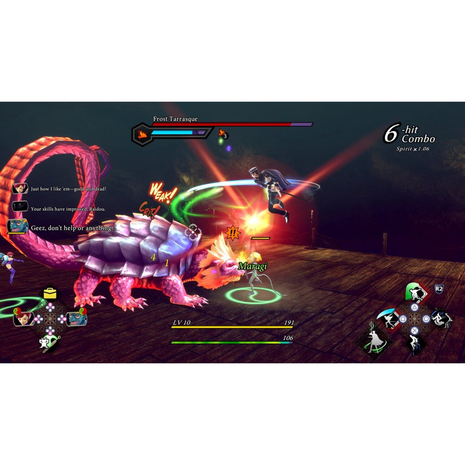 Une scène de jeu montre un personnage combattant un monstre sur une plateforme en bois. Les effets du combat sont visibles.