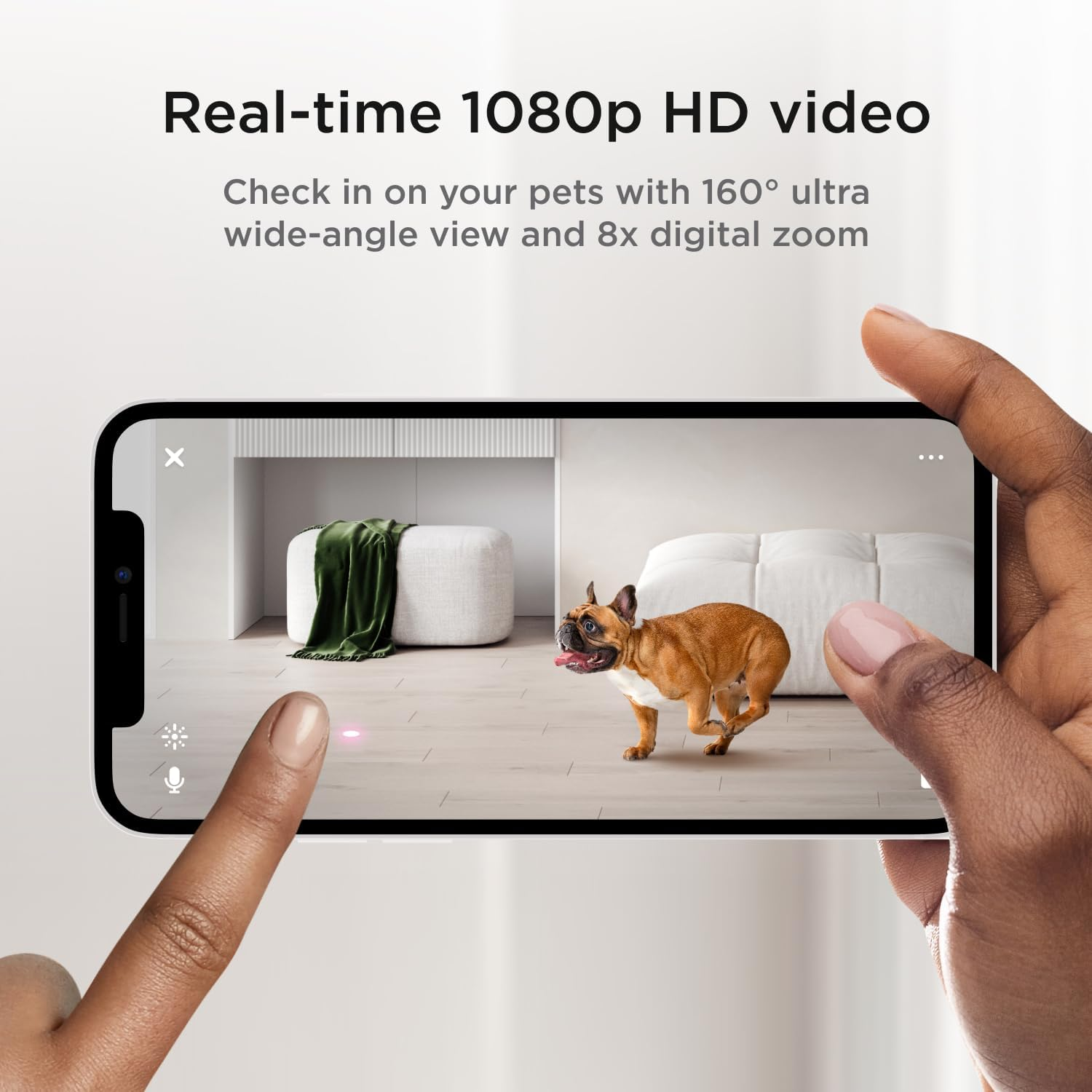 Een persoon houdt een smartphone vast met een rennende hond. Tekst: 'Real-time 1080p HD-video'.