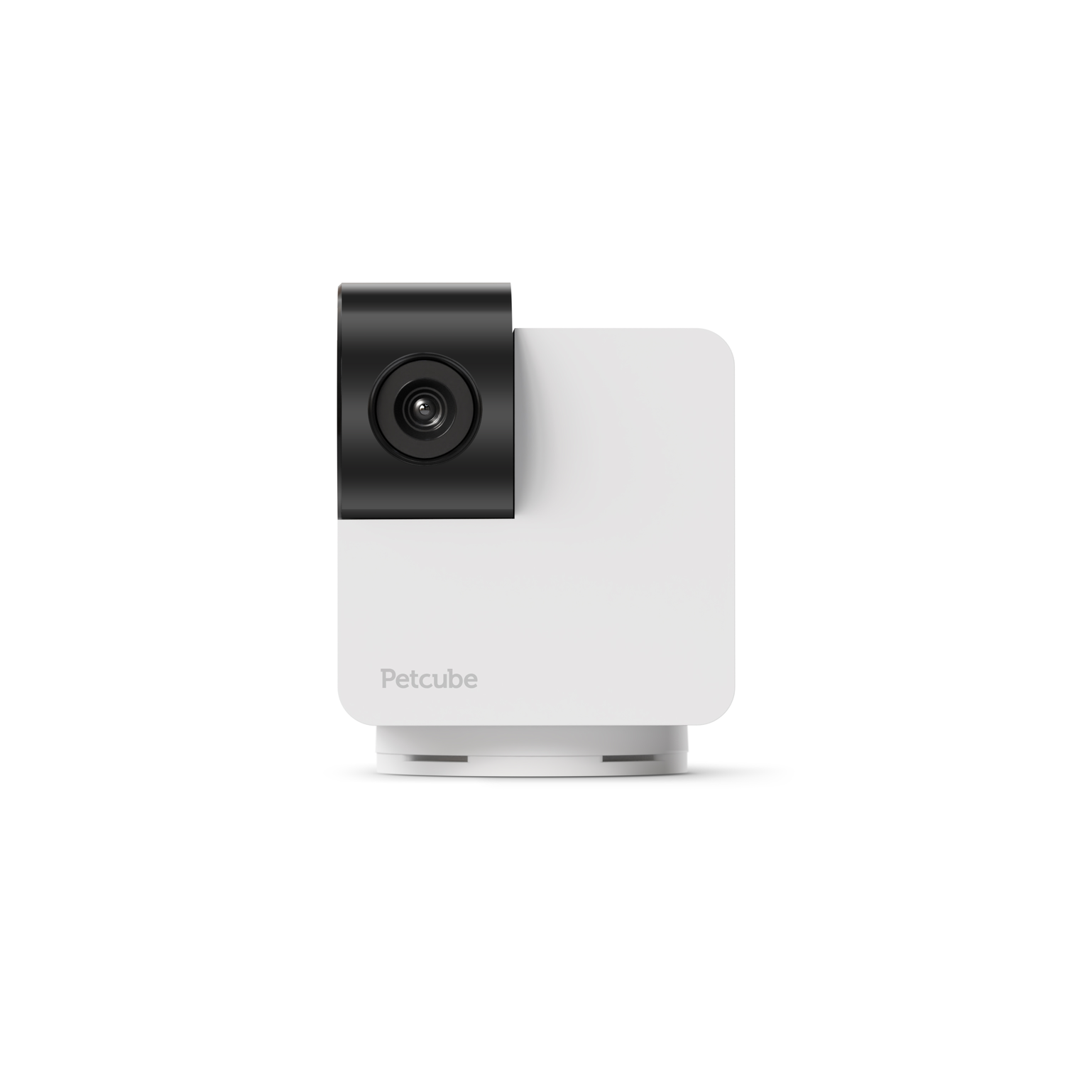 A white, square camera with a black circular lens component, with the Petcube logo.