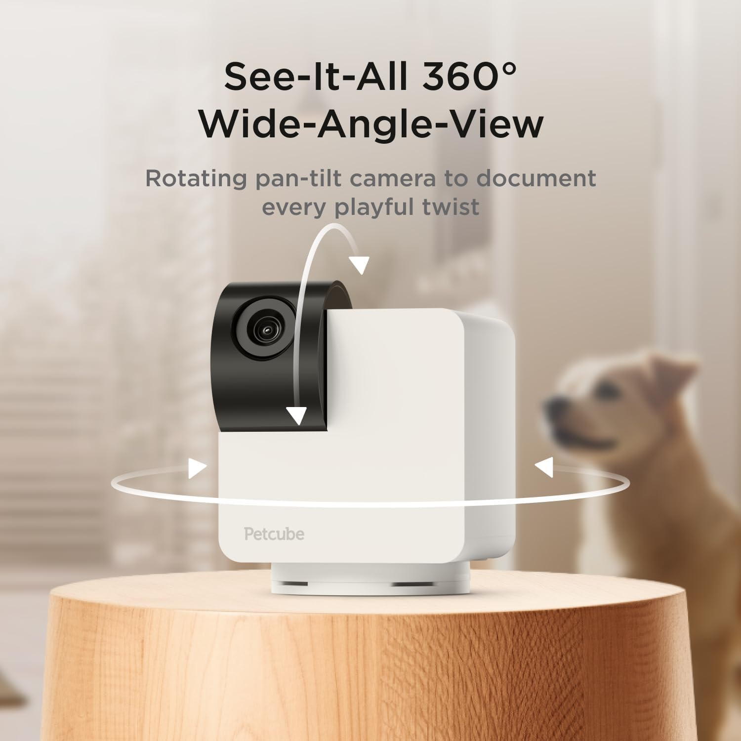Camera rotating, dog in background. Text: 'See-It-All 360° Wide-Angle-View'.