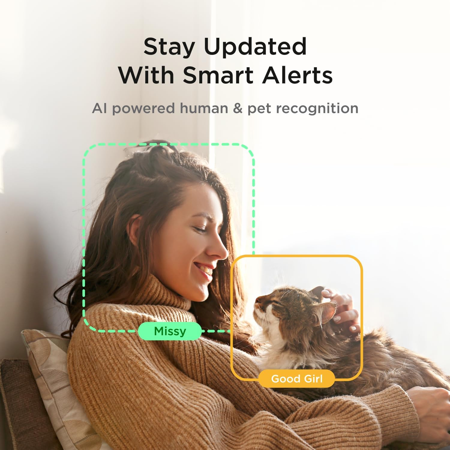 Woman and cat with AI recognition. Text: 'Stay Updated With Smart Alerts'.