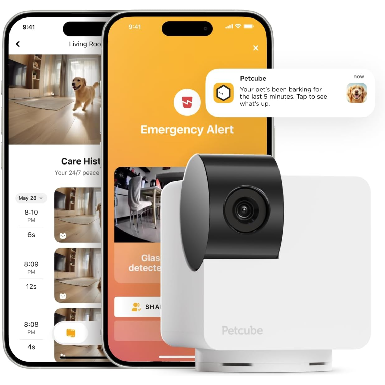 Two phones display pet monitoring app. One shows a running dog, the other an emergency alert.