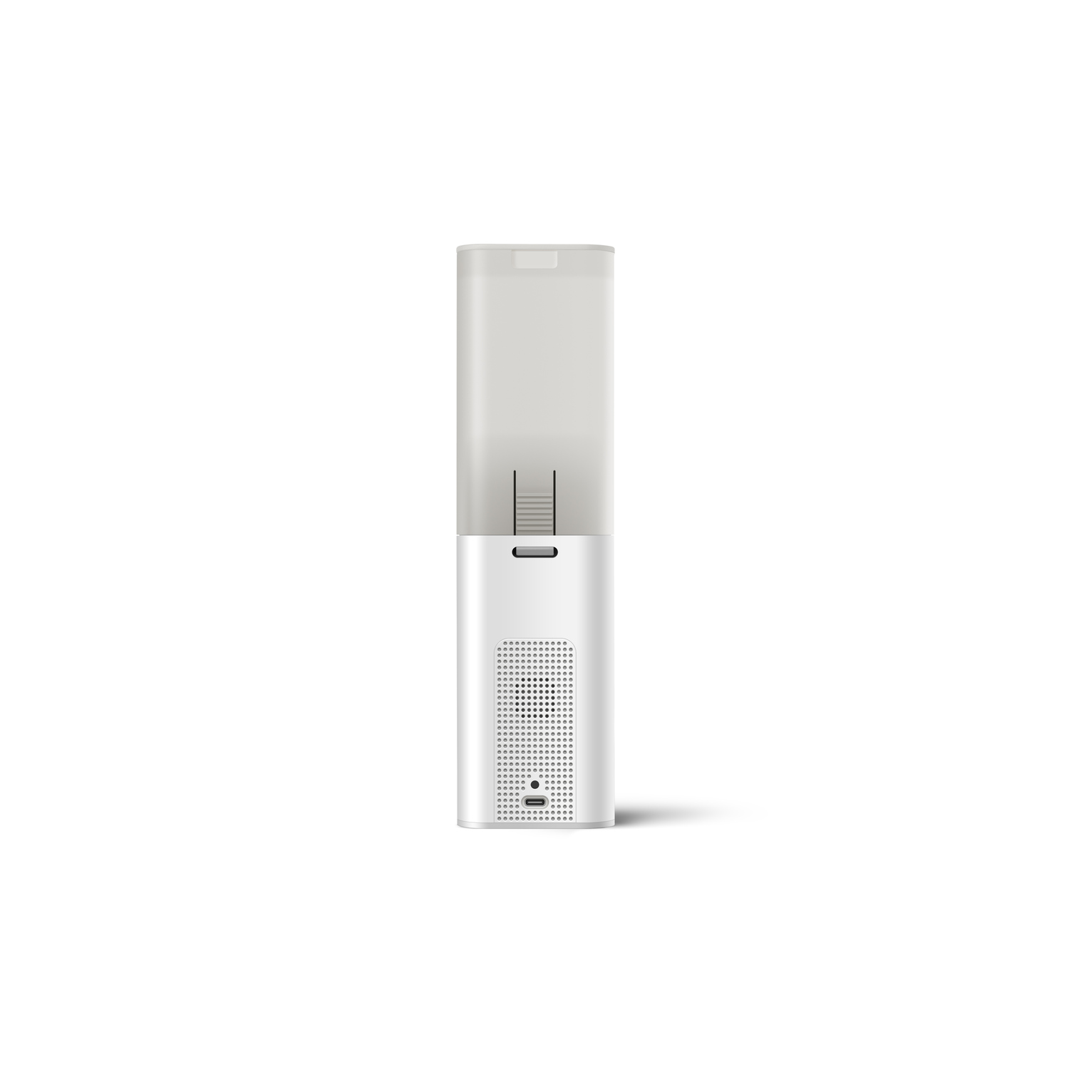 Petcube device, white, tall, with a gray top. It has a camera and speaker.