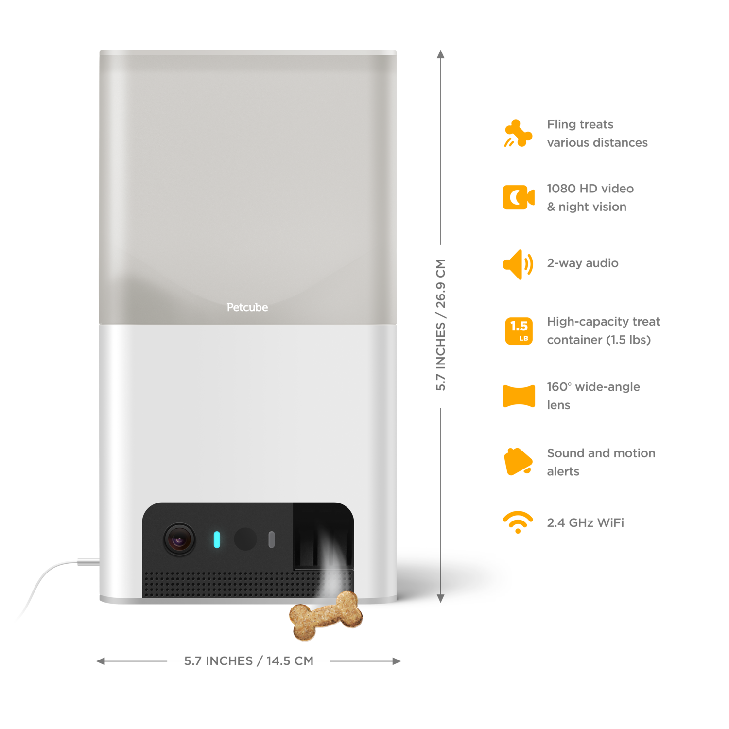 Petcube treat dispenser. Features: treat fling, 1080p video, 2-way audio, 1.5 lb capacity, 160° lens, alerts, WiFi.