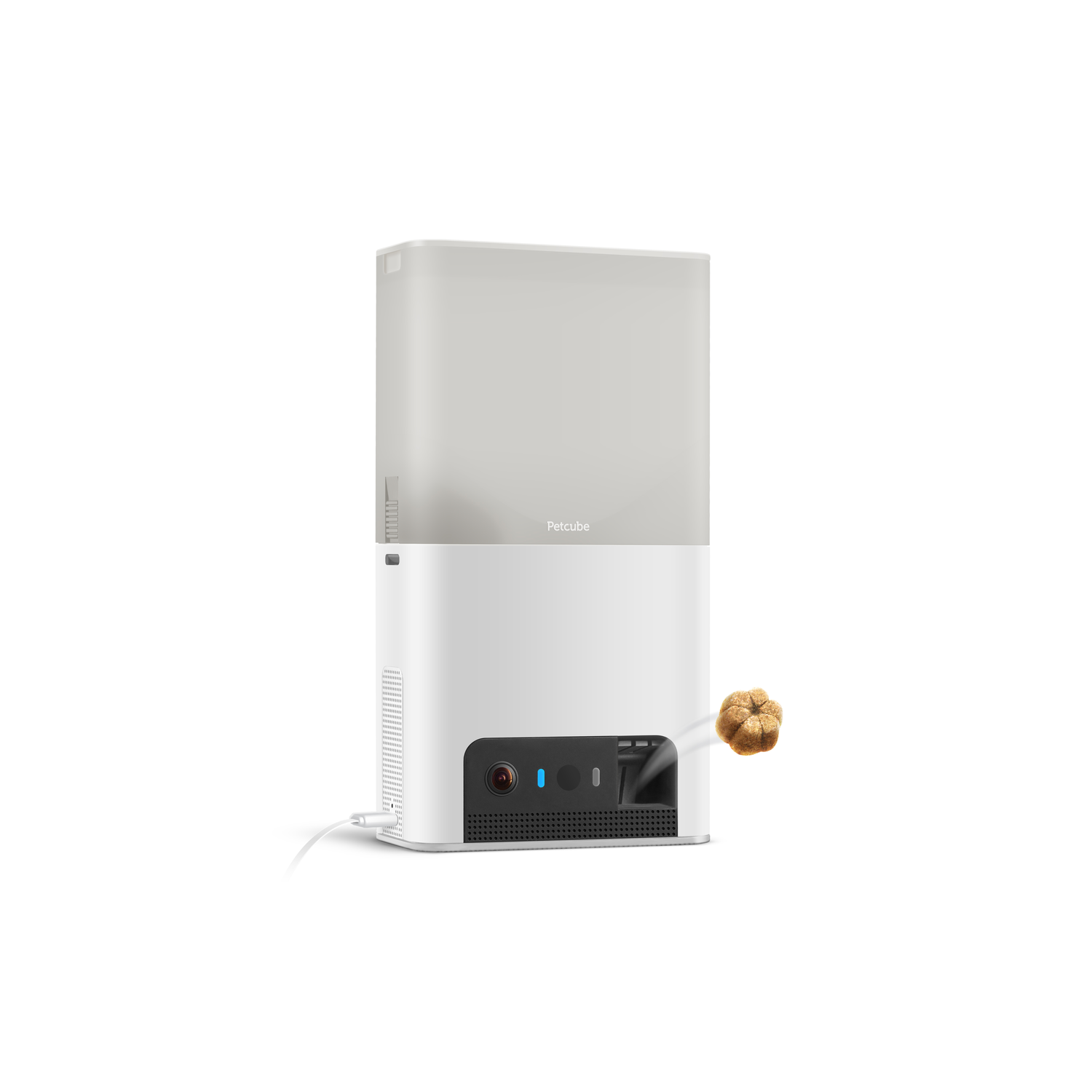 Petcube treat dispenser. Treat being ejected. White device with a gray top.  Blue light.