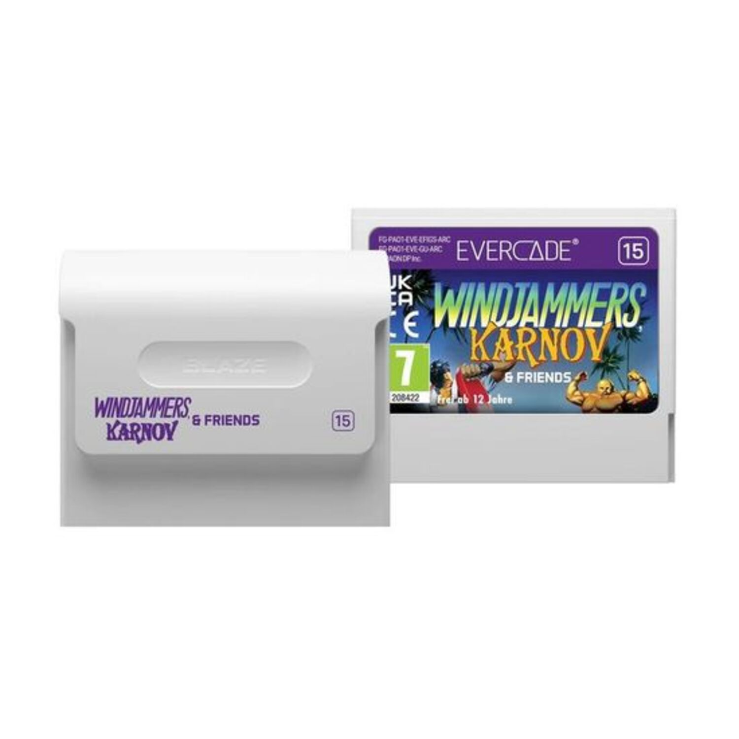 Evercade Windjammers & Karnov & Friends game cartridge and box. The cartridge is white.