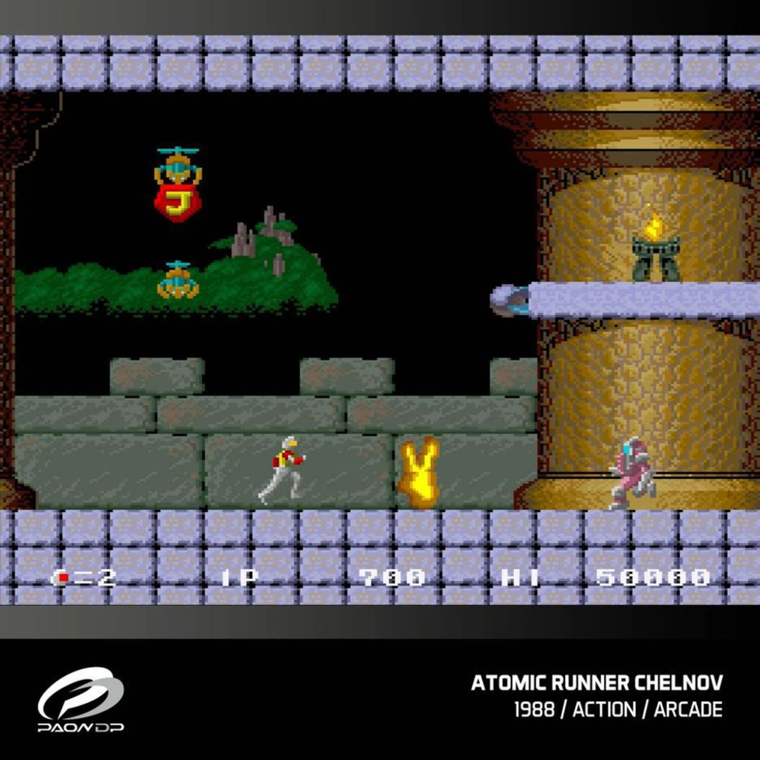 Retro game scene. A character runs right, dodging enemies in a castle-like setting.