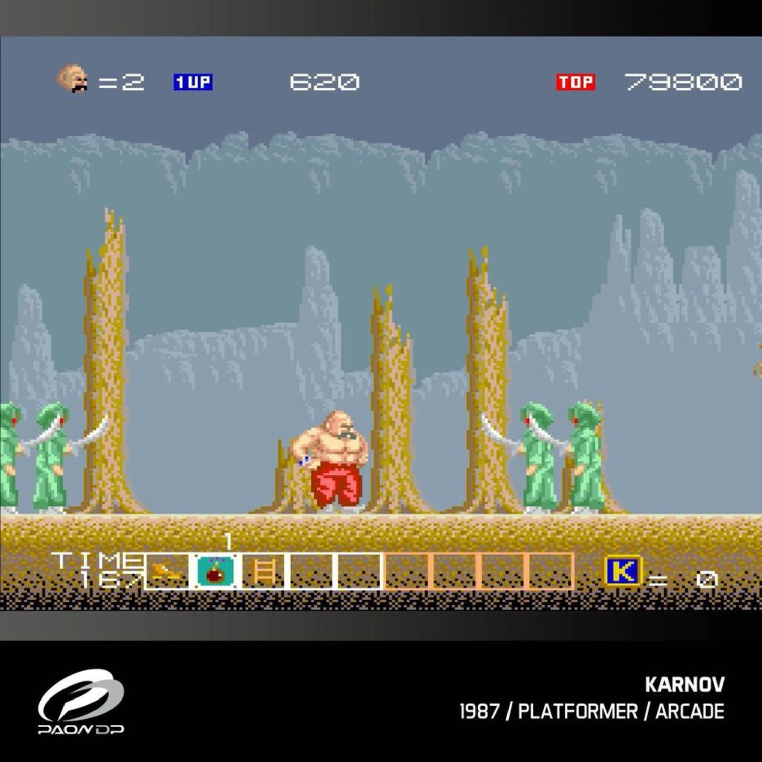 Retro platformer game. A bald character fights green enemies with swords in a forest scene.