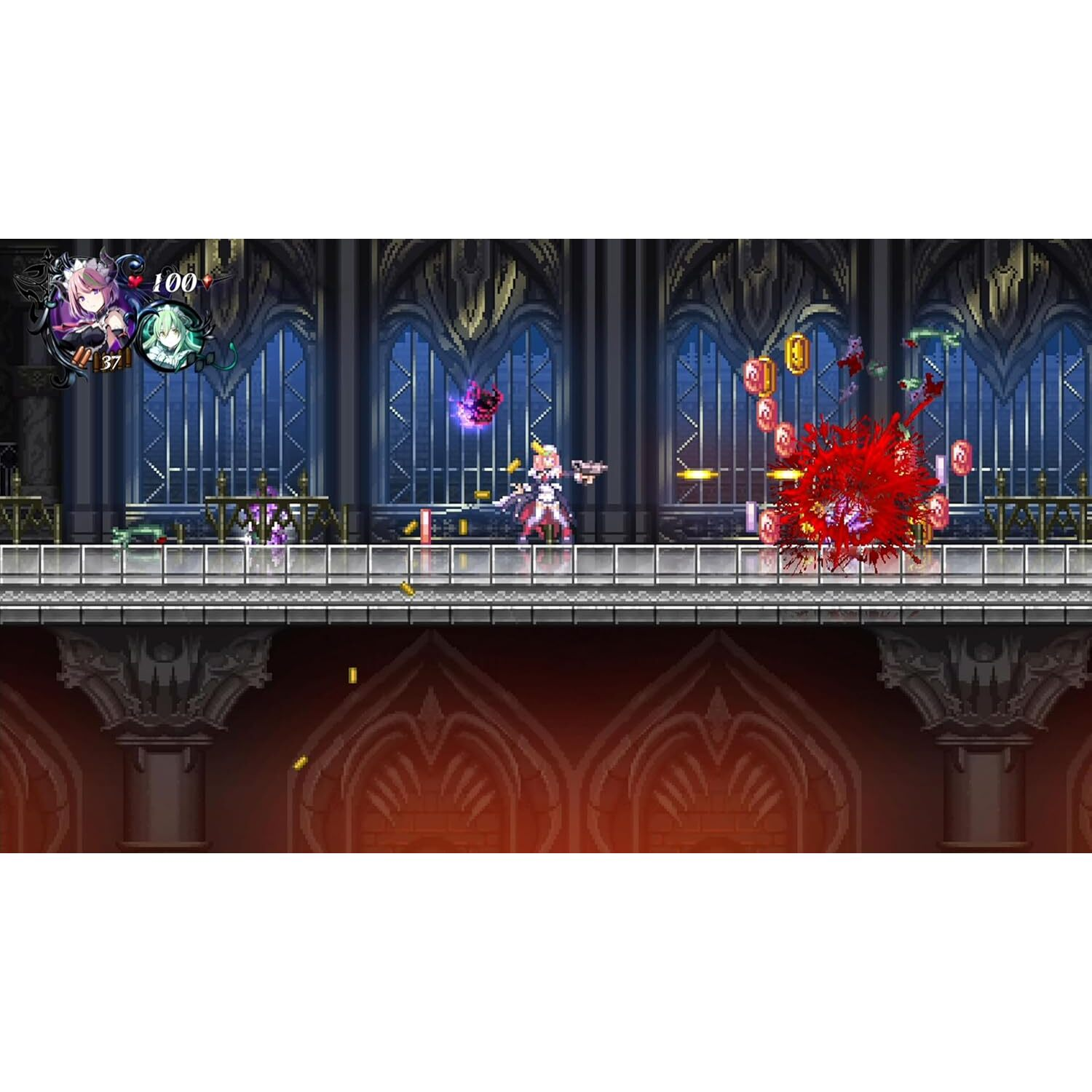 Un personnage combat des ennemis avec une épée. Effets colorés dans un cadre de château gothique.