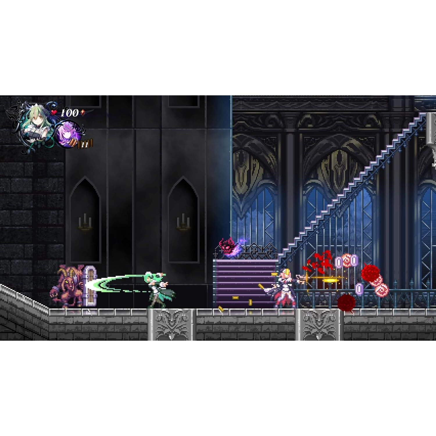 Scène de jeu : Un personnage combat des ennemis dans un cadre gothique. Escaliers et un personnage en robe blanche.