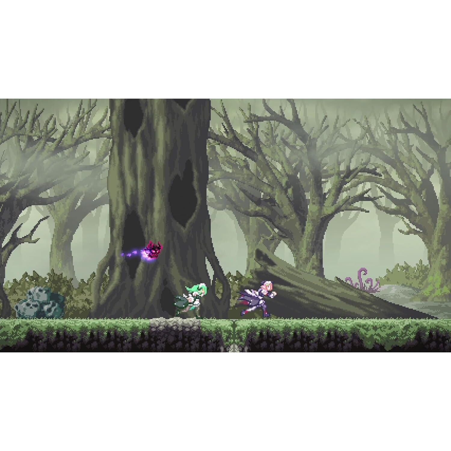 Game scene: Twee personages in een bosomgeving vechten tegen een monster. Een paars monster in de lucht.