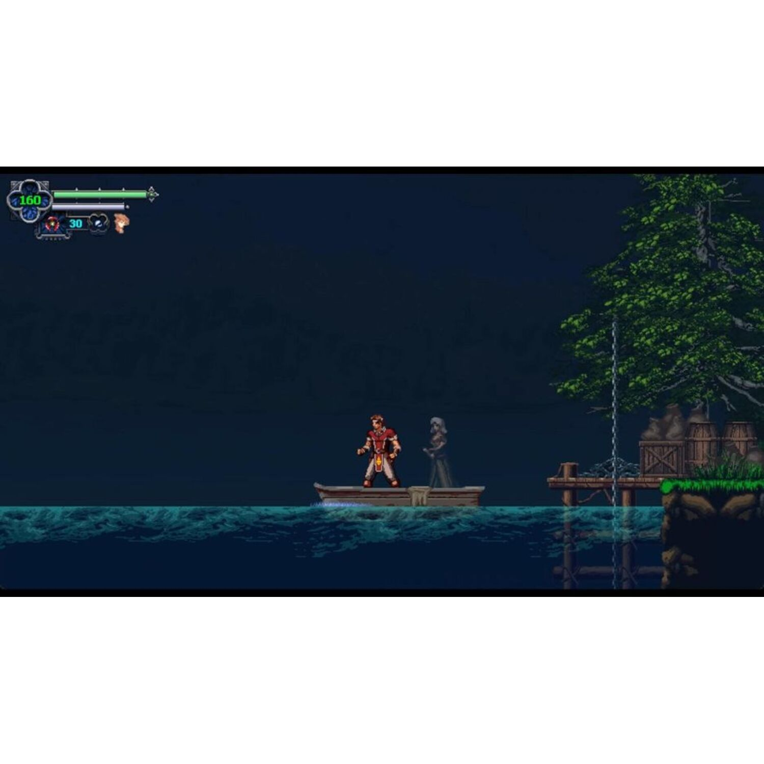 Scène de jeu : Deux personnages dans un bateau sur l'eau. L'un est en rouge, l'autre dans une robe sombre.
