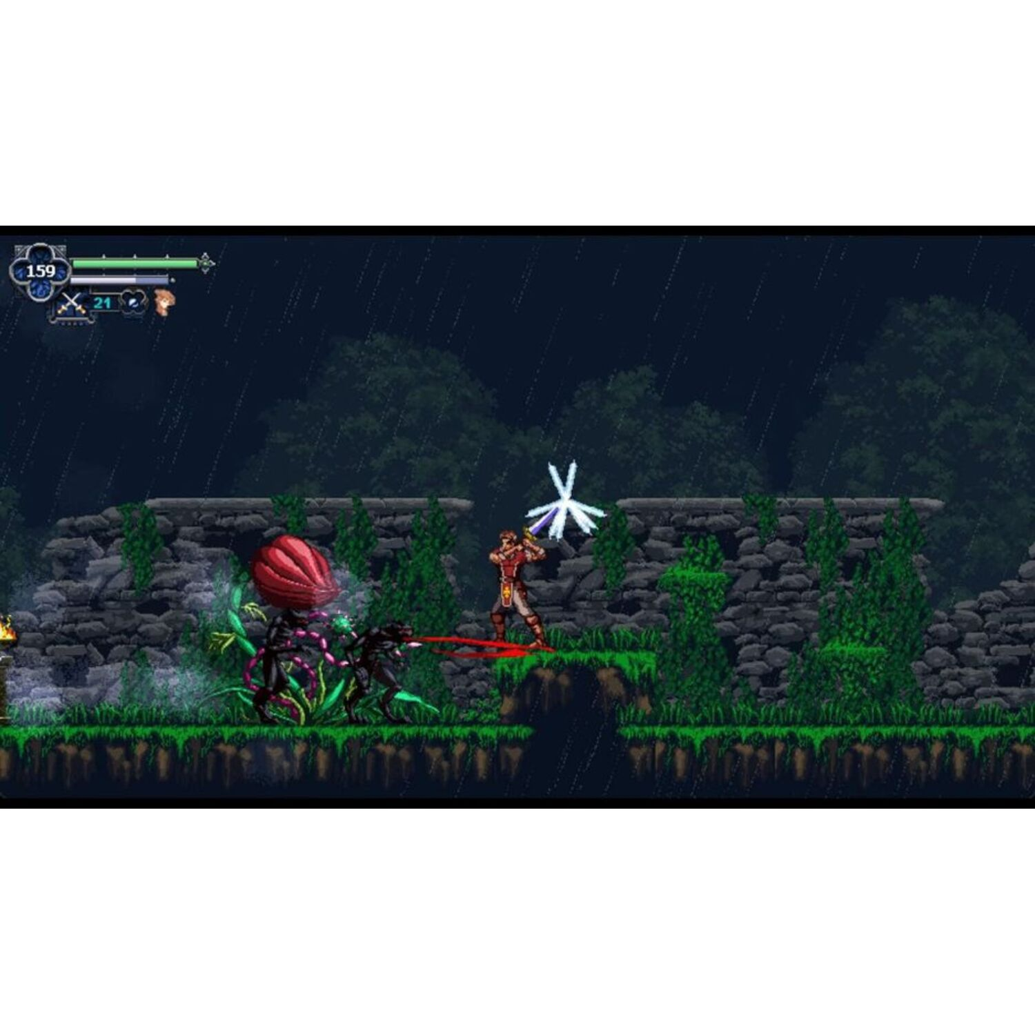 Scène de jeu : Personnage combattant un monstre dans une forêt. Plantes vertes, sang rouge et une épée.