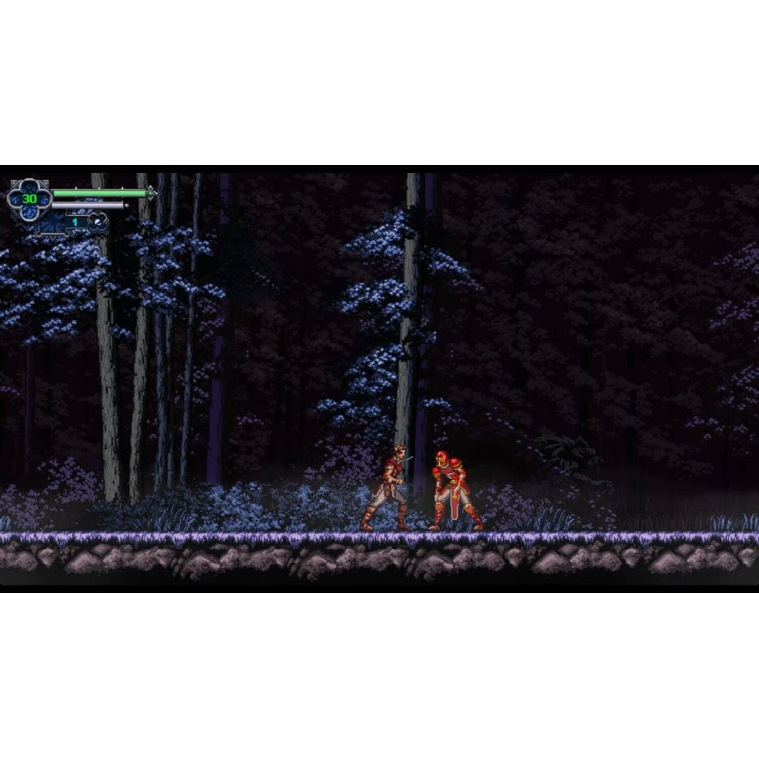 Scène de jeu : Deux personnages se battent dans une forêt sombre. Les deux sont en rouge, avec une forêt sombre.