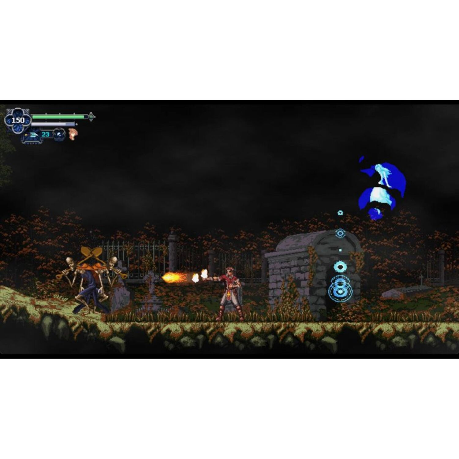 Scène de jeu : Un personnage combat des squelettes dans un cimetière. Un fantôme bleu et une tombe en arrière-plan.