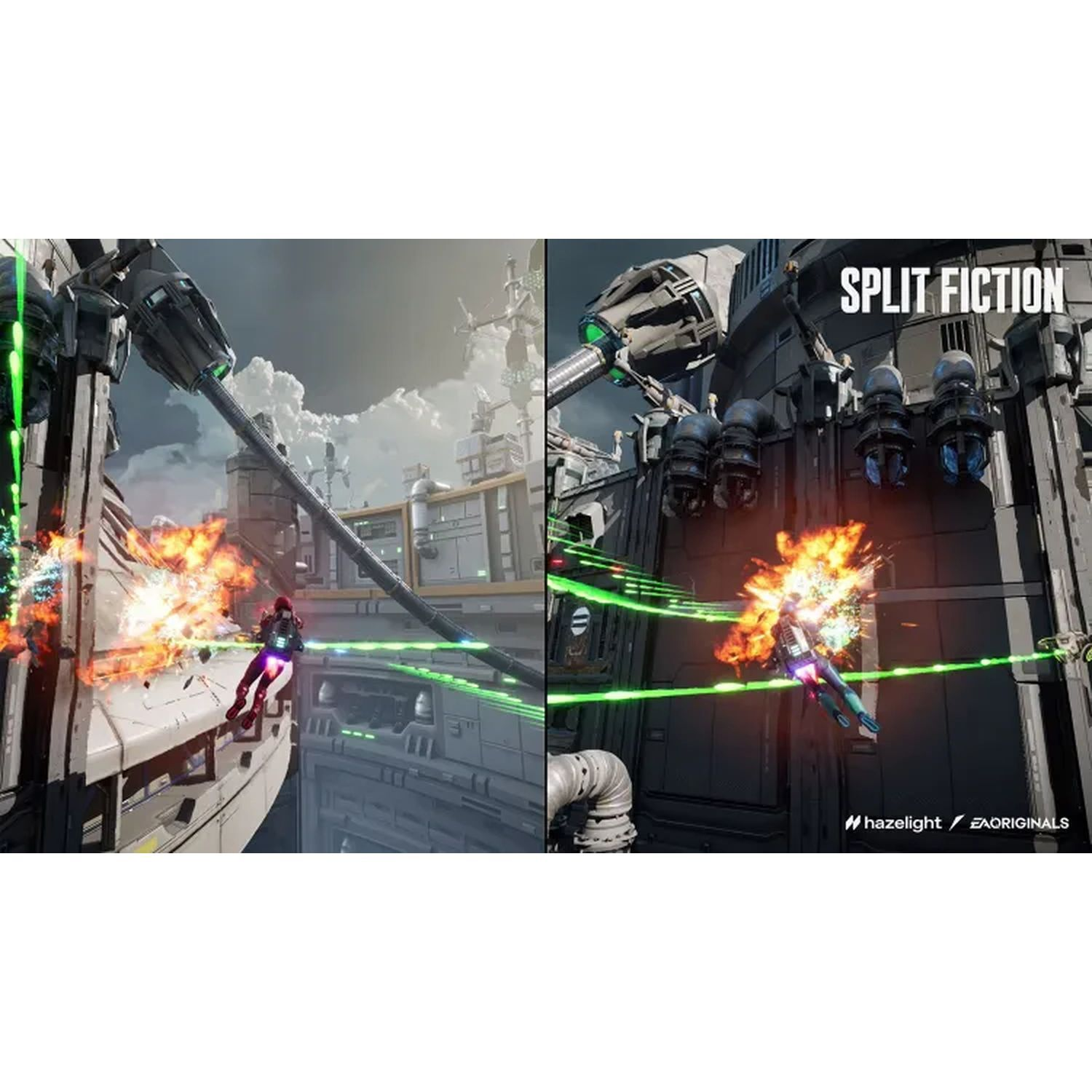 Twee scènes uit een game. Personages rennen, er zijn explosies.
