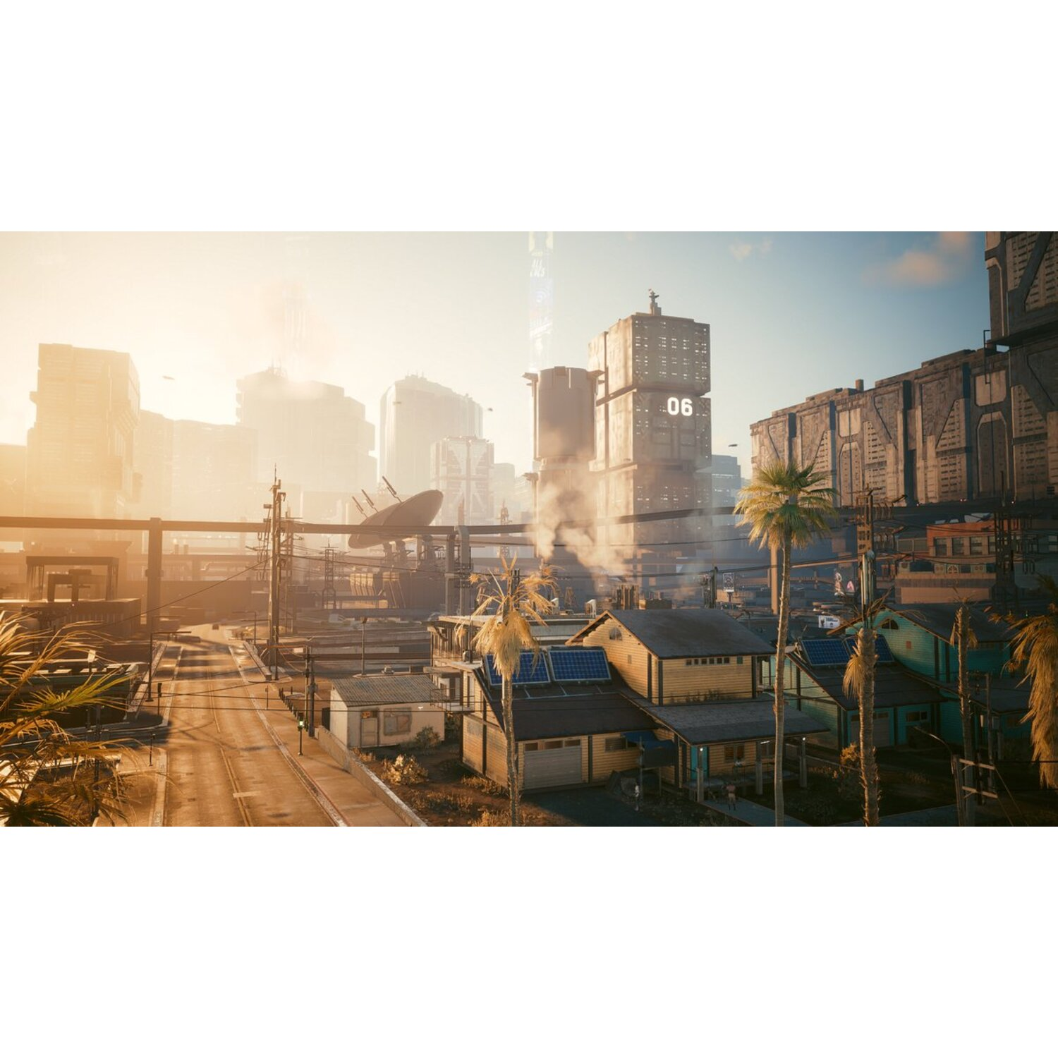 Futuristic city with tall buildings, palm trees, and a setting sun. A dystopian environment.