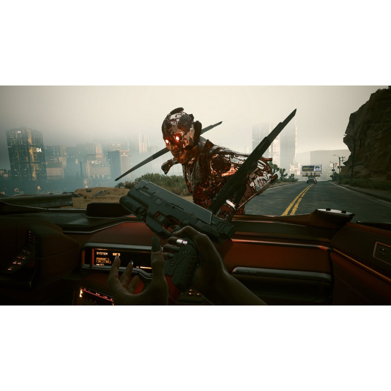 A person in a car aims a gun at a monster with blades. The scene is set in a city.