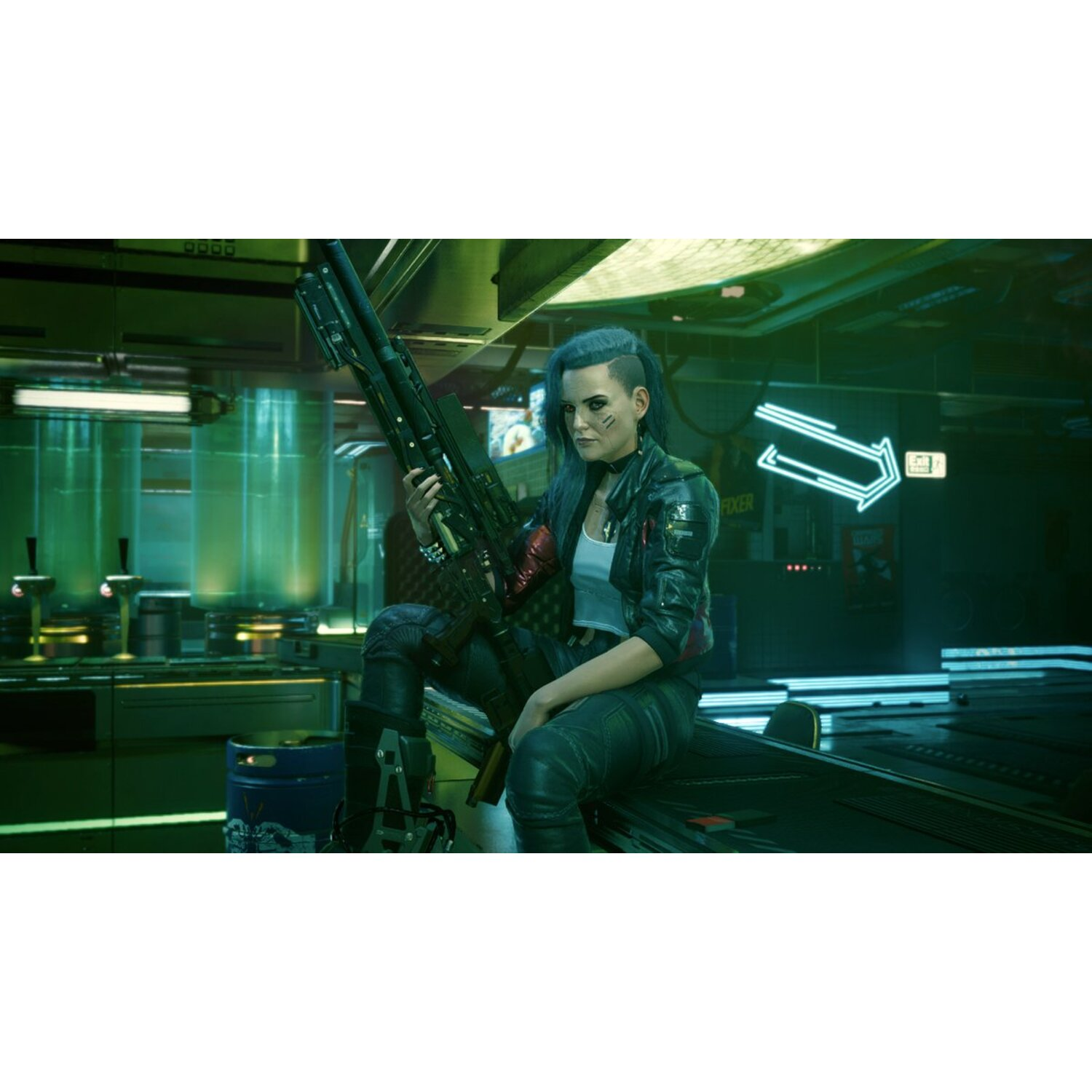 A woman with a gun sits on a table in a room with neon signs.