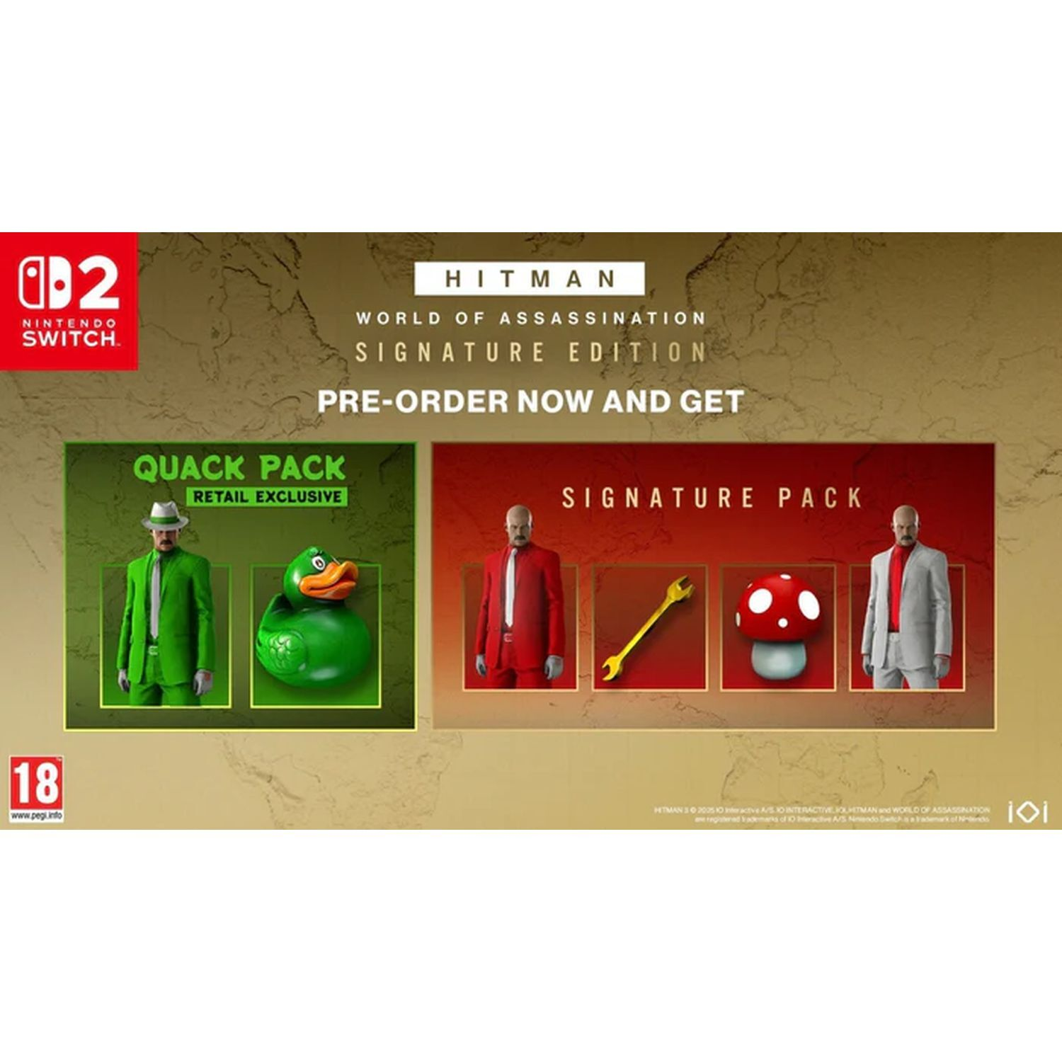 Gamebox met extra content van Hitman: een groene eend, een rood pak, een moersleutel en een paddenstoel.