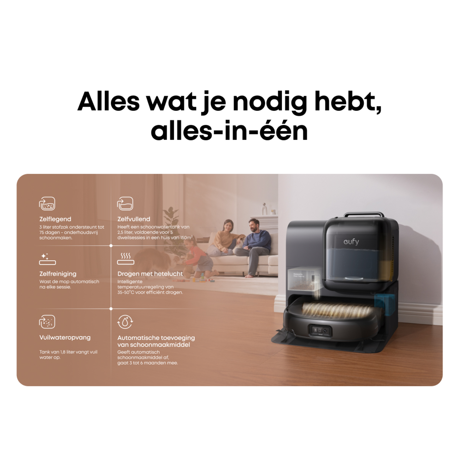Een advertentie met een robotstofzuiger met functies en een gezin op de achtergrond.