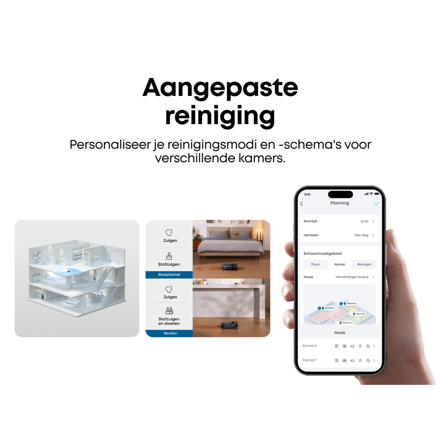 Een advertentie met een robotstofzuiger met een plattegrond en een telefoon met reinigingsmodi.