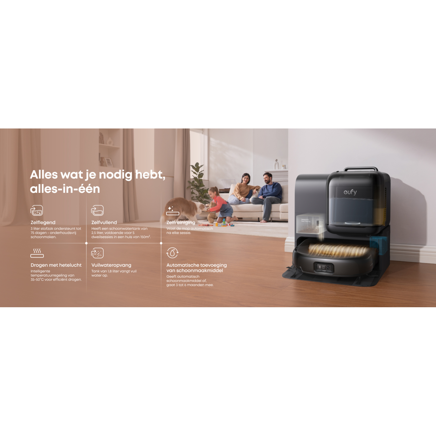 Een advertentie met een robotstofzuiger met functies en een gezin op de achtergrond.