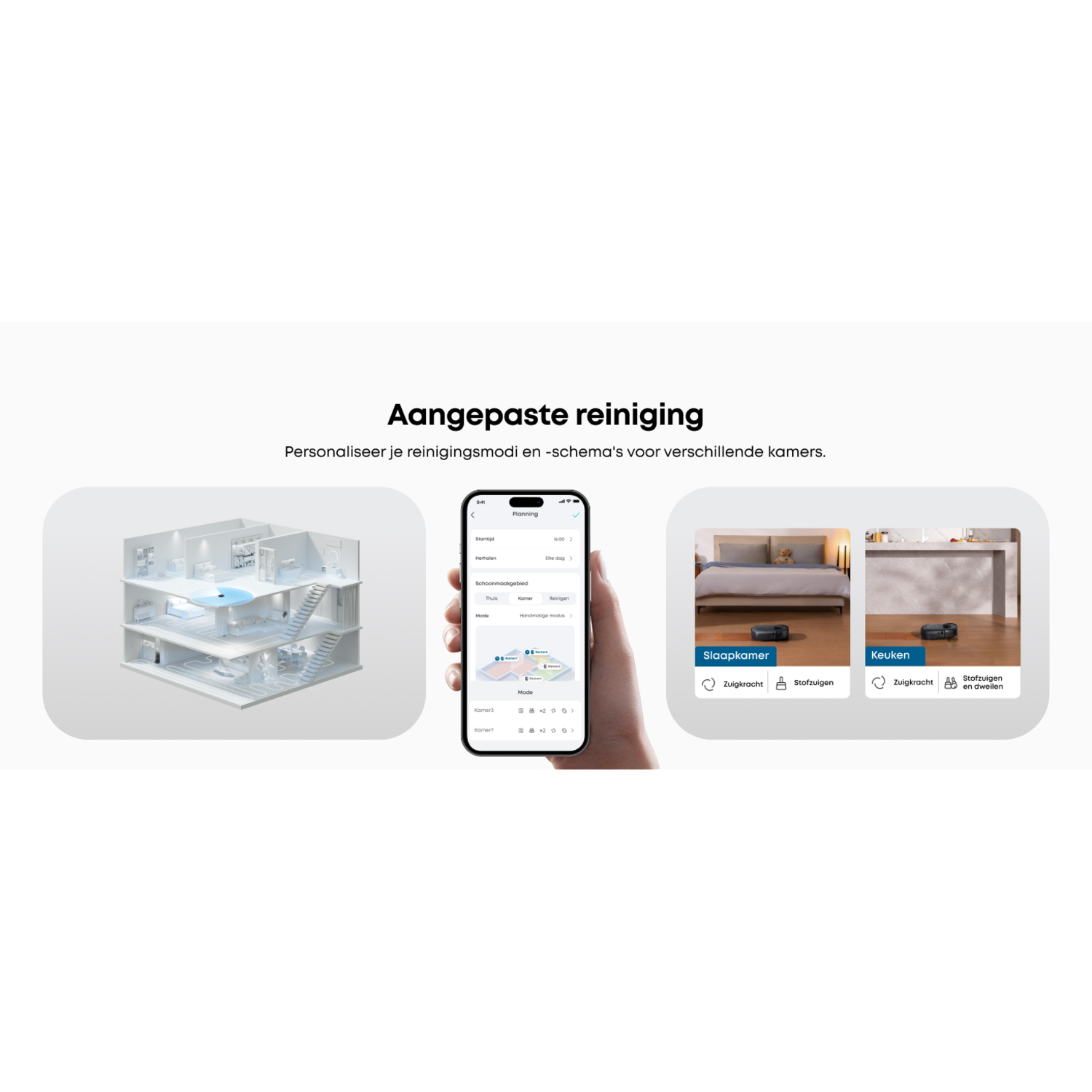 Een advertentie met een robotstofzuiger met een plattegrond en een telefoon met reinigingsmodi.