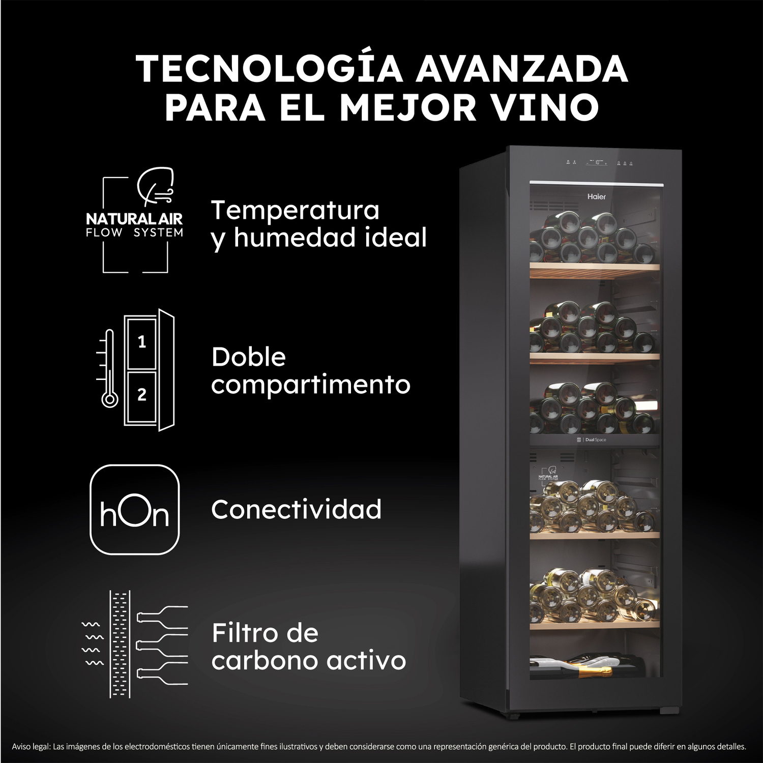 Una vinoteca con botellas de vino en su interior. Texto sobre las características se muestra a la izquierda.