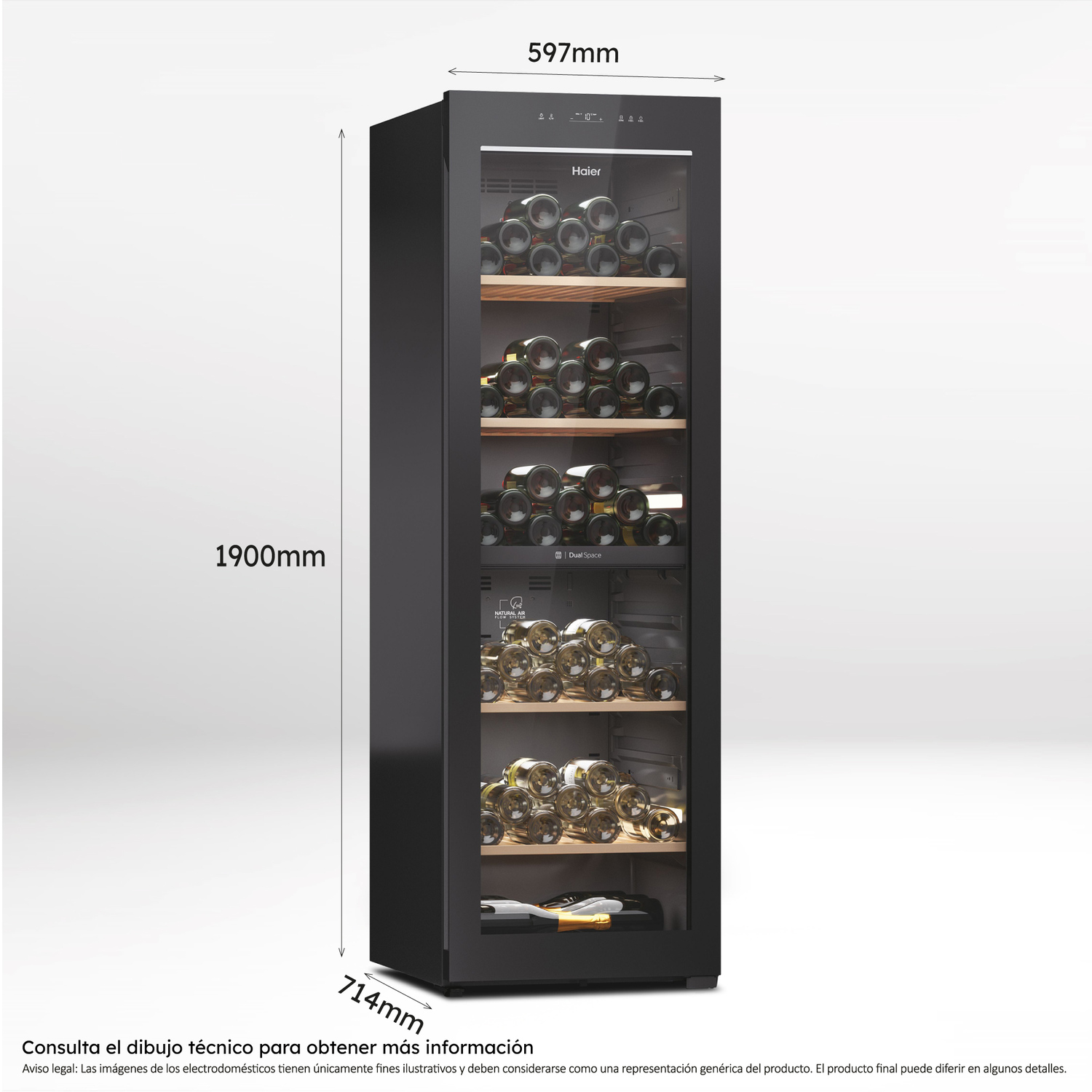 Una vinoteca negra alta con botellas de vino en su interior. Las dimensiones se muestran junto a la vinoteca.