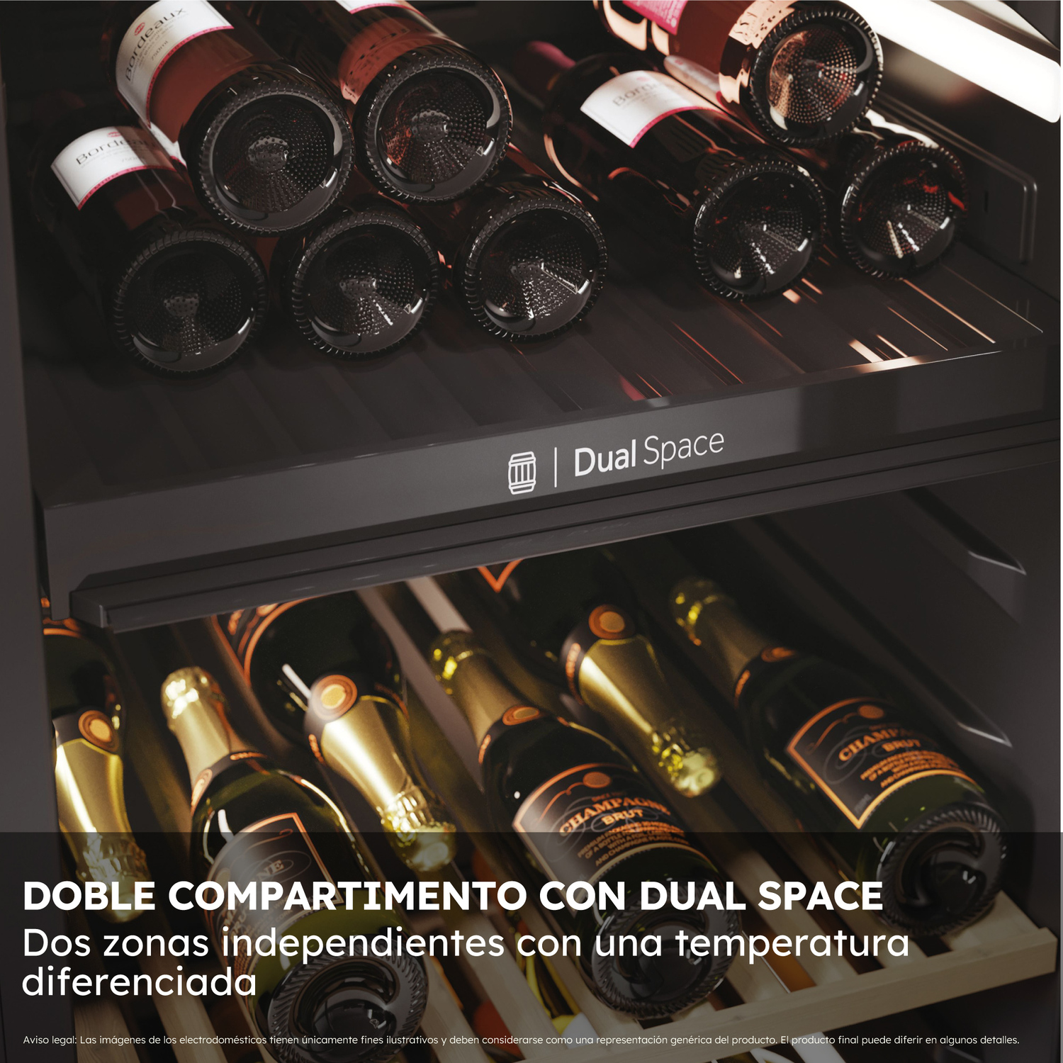 Nevera de vino con botellas, interior oscuro. Función Dual Space.