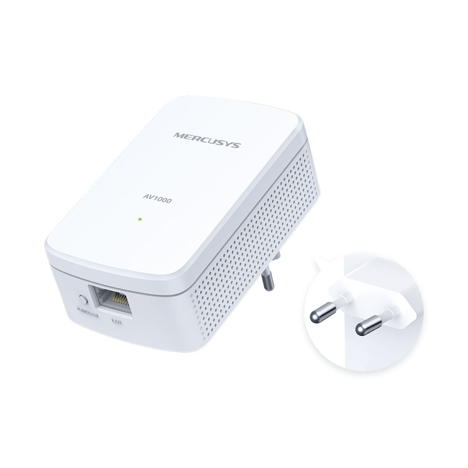Primo piano di un adattatore powerline Mercusys AV1000 bianco con spina, su sfondo bianco.