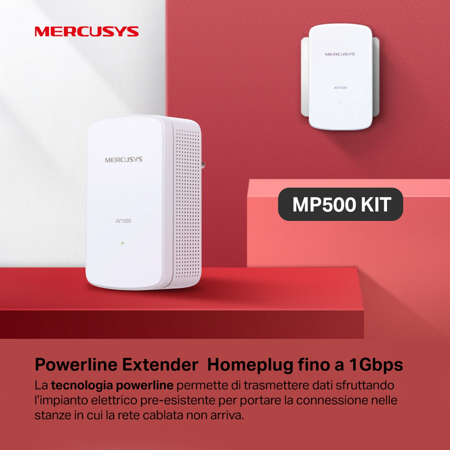 Due extender powerline Mercusys AV1000 e testo su una superficie rossa, sfondo bianco.