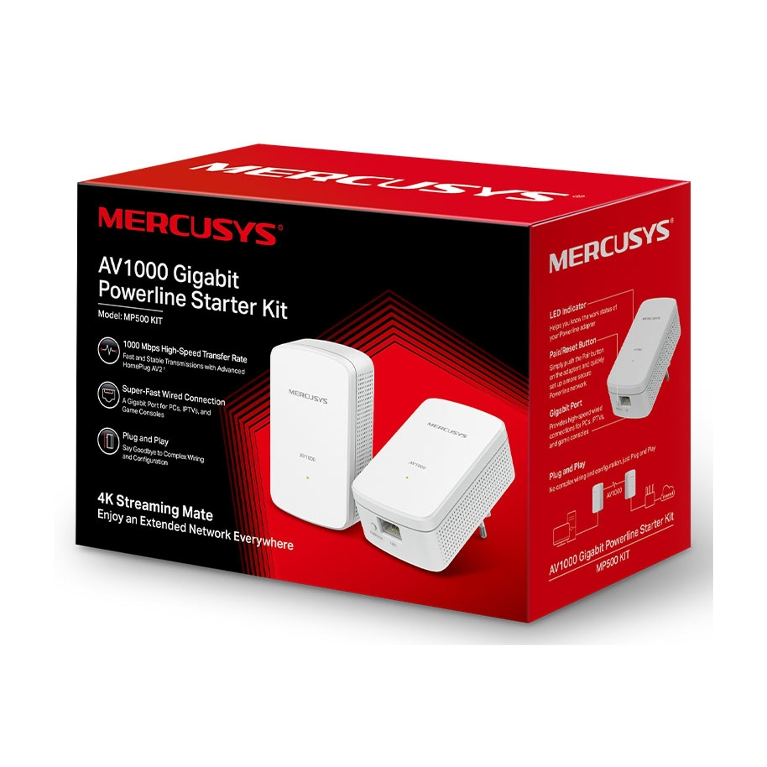 Scatola con kit di avvio Mercusys AV1000 Gigabit Powerline. Sono mostrati due dispositivi bianchi.