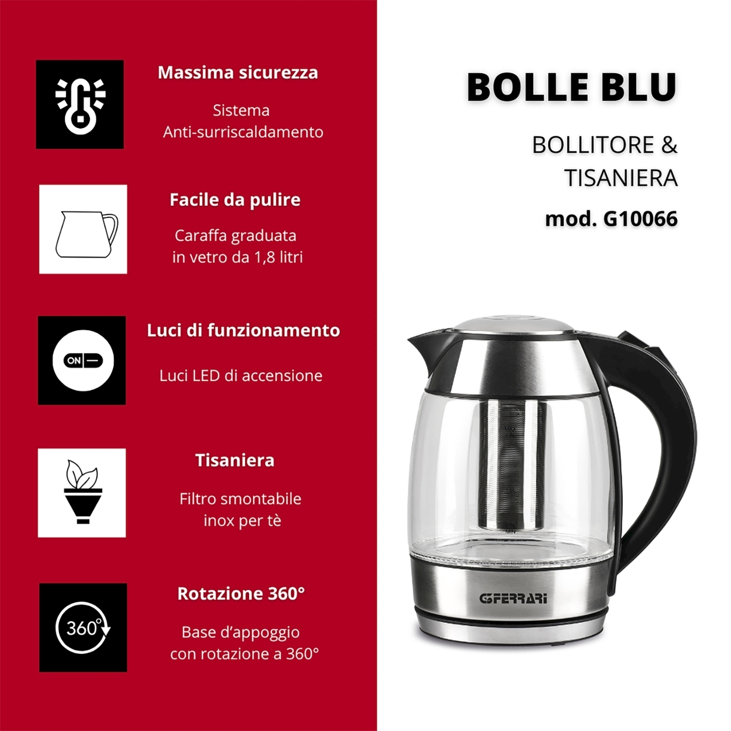 L'immagine contiene descrizioni e icone su un bollitore con corpo trasparente e manico nero.