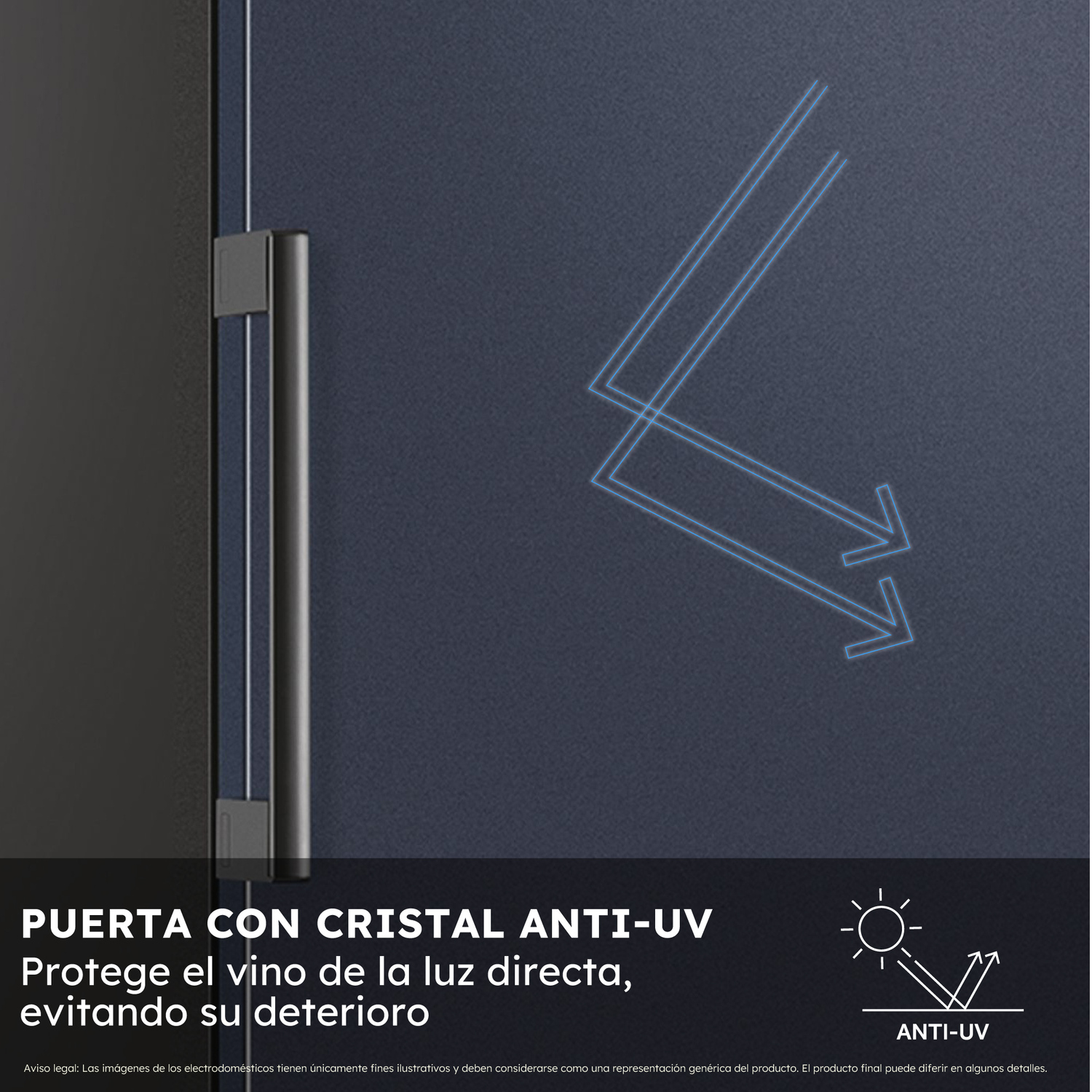Una puerta de nevera de vinos con cristal anti-UV. Protege el vino de la luz directa.