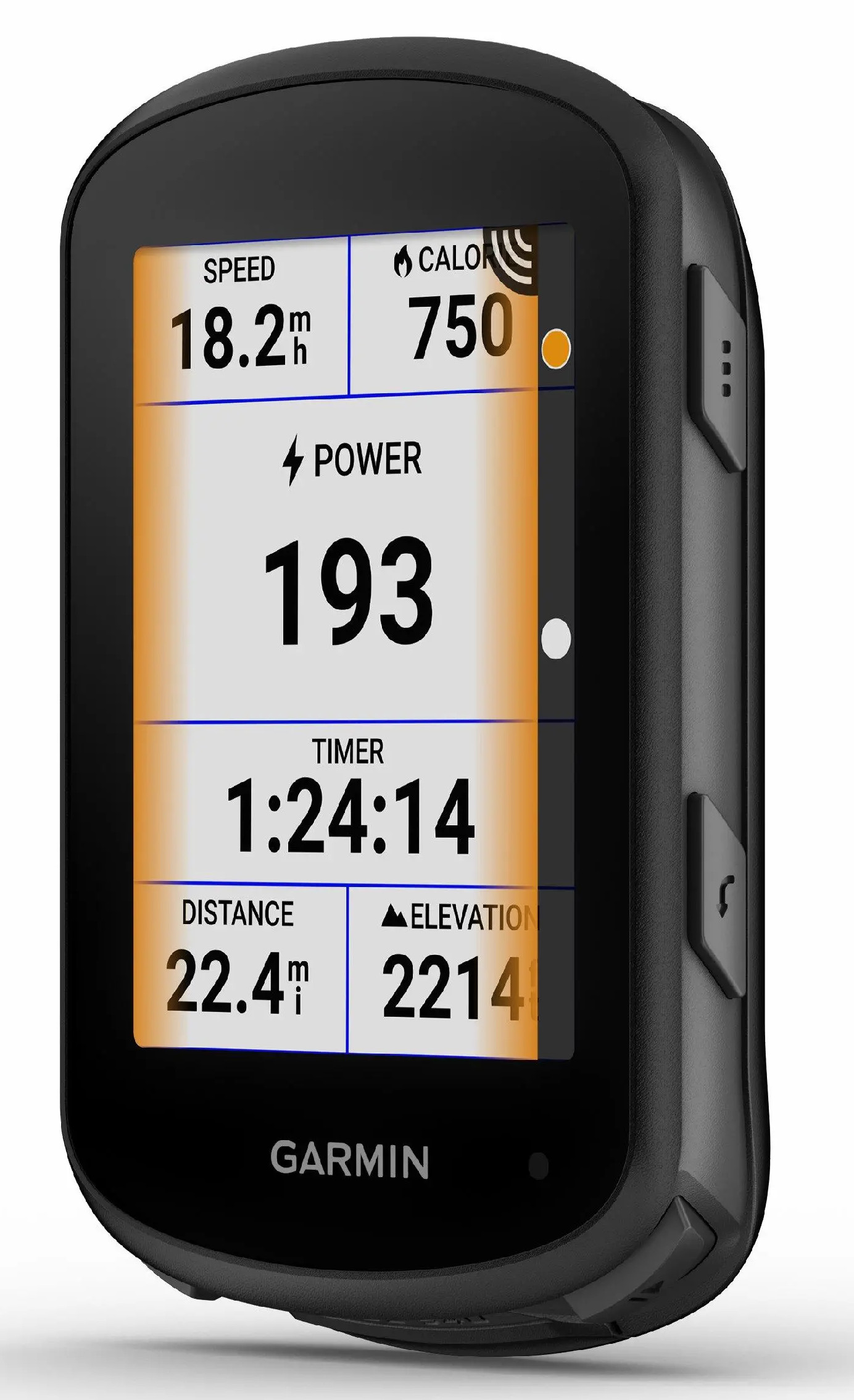 Czarny licznik rowerowy Garmin wyświetlający prędkość, moc i dystans.