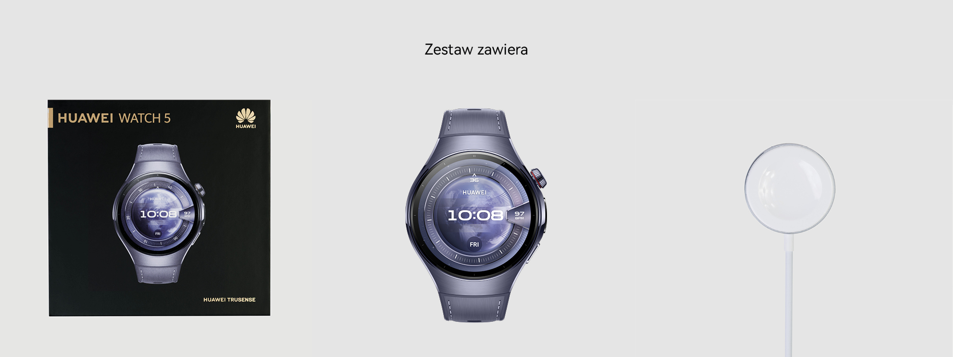 Zestaw zegarka Huawei Watch 5 z podstawką ładującą i ładowarką.