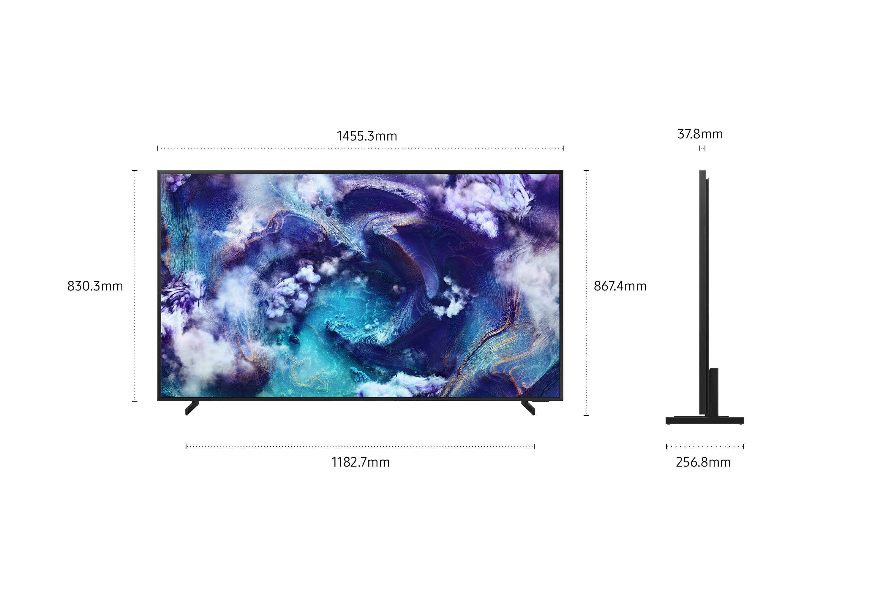 Schermo TV con display astratto e colorato accanto alla vista laterale della TV.