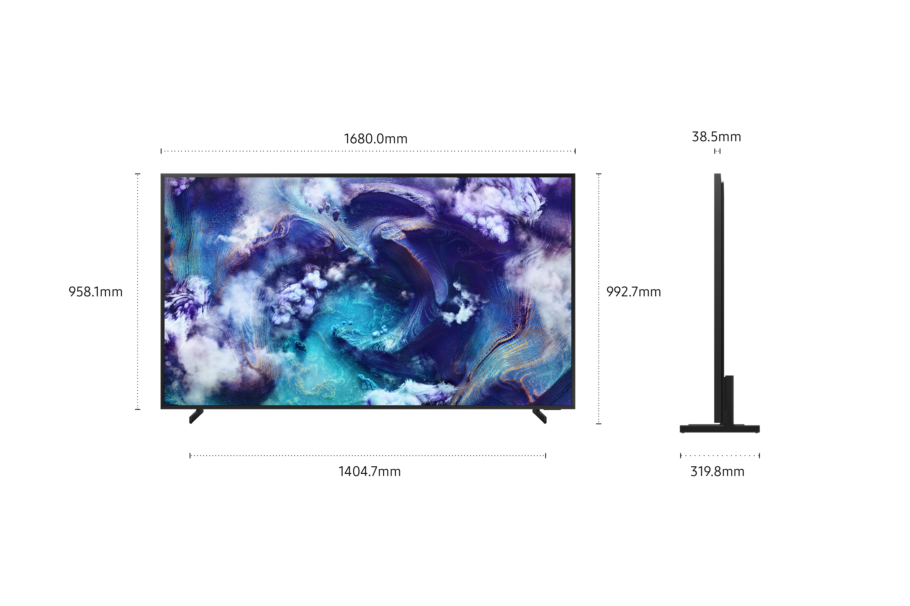 TV nero, vista laterale e frontale. Mostra un'immagine astratta colorata.