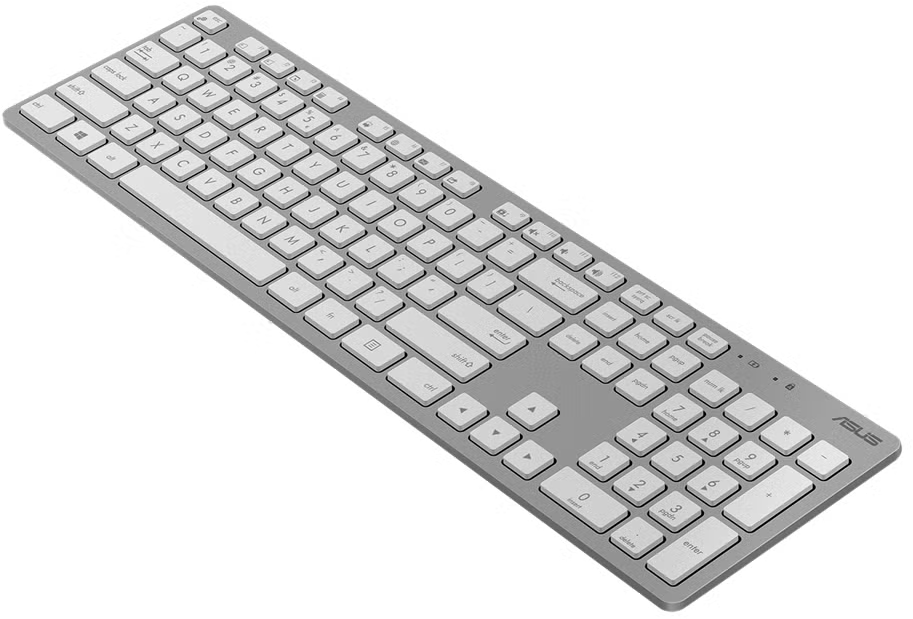 Ezüst billentyűzet fehér gombokkal. Az ASUS logó látható.