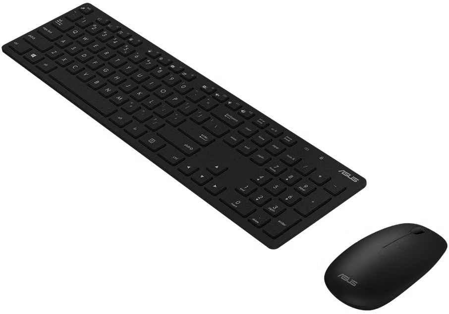 Fekete billentyűzet és egér készlet szögben, az ASUS logó látható.