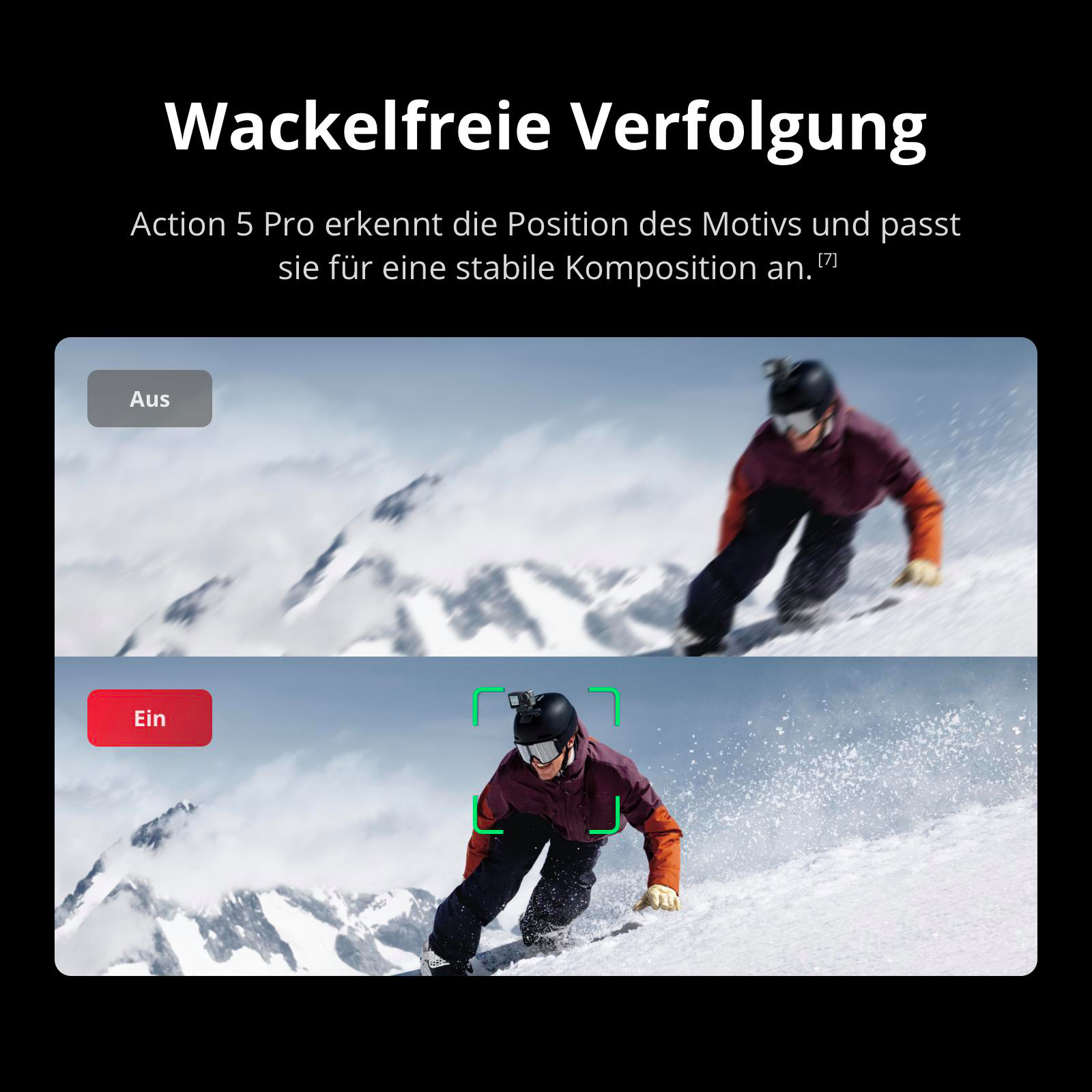 Action-Kamera zeigt Skifahrer mit und ohne Verfolgung. Grüner Kasten markiert Person.
